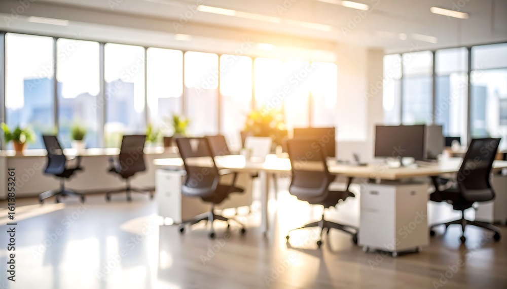 Blurred office interior with desks and sunlight Blurred office interior with desks and sunlight