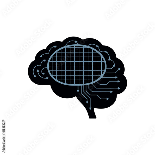 Black brain silhouette with blue grid and outgoing arrows mind thinking