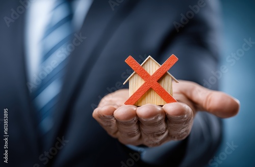 Businessman holds a small wooden house with a red 'x' on it