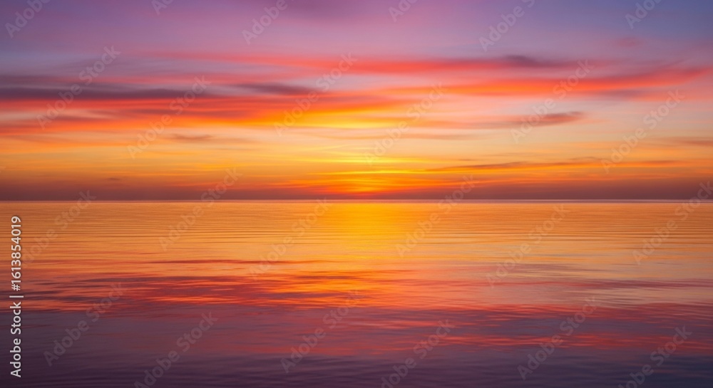 Obraz premium Serene ocean sunset with vibrant colors reflecting on the calm water, creating a peaceful and tranquil ambiance