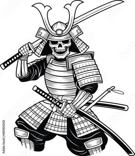 Black and white illustration of a skeletal samurai warrior