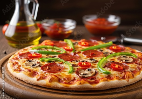 Wallpaper Mural Delicious Pepperoni Mushroom and Pepper Pizza on Wooden Board green Torontodigital.ca