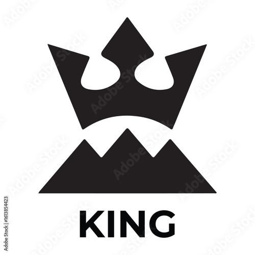A black and white graphic of a crown and mountains with the word king