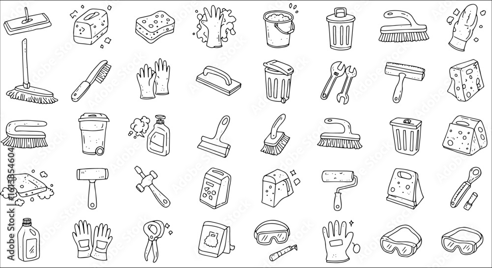 Hand-drawn Doodle Icons Set: Cleaning Supplies, Household Tools Safety Gear. Sketch Collection for Home Maintenance, DIY, and Professional Equipment. Hand-drawn Doodle Icons Set: Cleaning Supplies, Household Tools Safety Gear. Sketch Collection for Home Maintenance, DIY, and Professional Equipment.