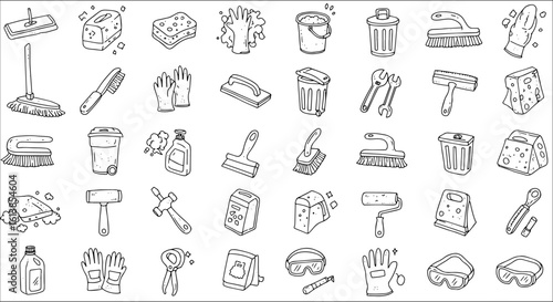Hand-drawn Doodle Icons Set: Cleaning Supplies, Household Tools  Safety Gear. Sketch Collection for Home Maintenance, DIY, and Professional Equipment.