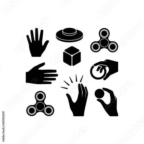 Black silhouette icons of hands fidget spinners cube and round object geometric