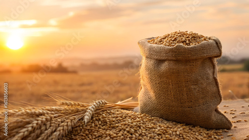 Golden wheat grains in burlap sack with ripe ears on wooden table at sunset, agricultural field background, harvest season