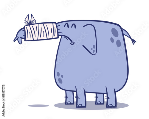 Cute cartoon elephant with a bandaged trunk and sad expression, injured and standing on a white background. Vector illustration.