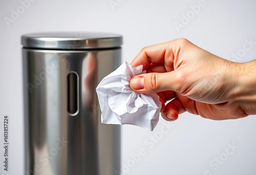 Small hand crumples paper, aiming for metallic trash receptacle, home, office