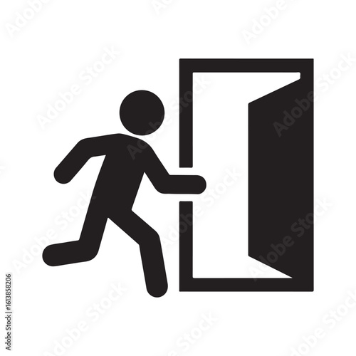 Black figure running towards open doorway person exit
