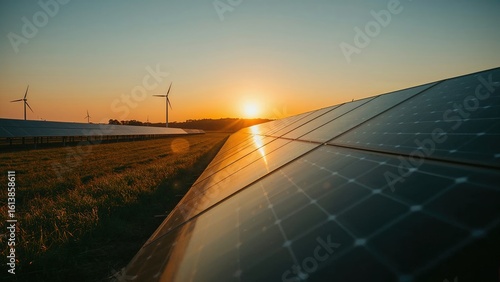 Solar Panels and Wind Turbines at Sunset, Renewable Energy Landscape