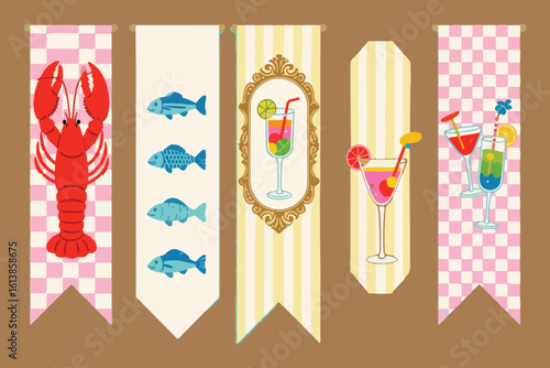 Colorful nautical themed bookmarks with seafood and drinks