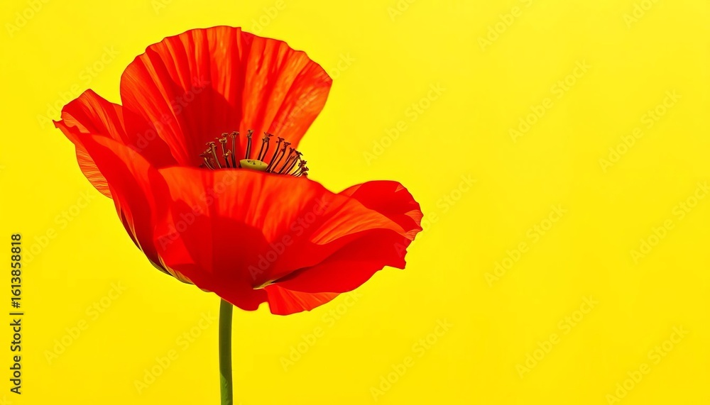 Obraz premium Vibrant red poppy against sunny yellow backdrop, plant, wildflower