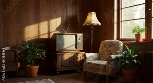 Sunlit vintage living room with retro TV and armchair