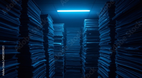 Dark archive room, stacks of documents