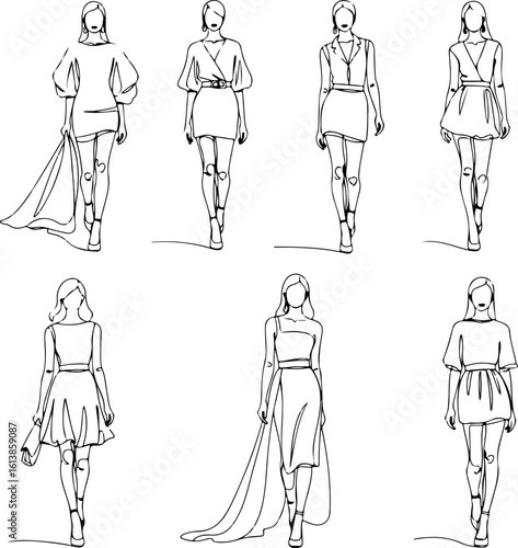 Fashionable female figures in elegant attire showcased in a series of artistic pencil sketch illustrations