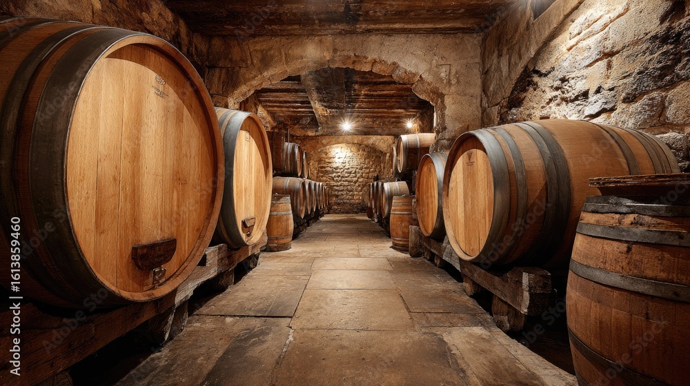 Aged wooden wine barrels in a stone cellar Aged wooden wine barrels in a stone cellar