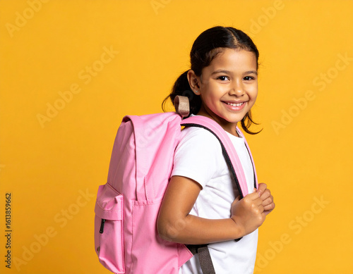 vuelta al cole de una niña sonriente y feliz con una mochila rosa sobre un fondo amarillo con espacio para texto
