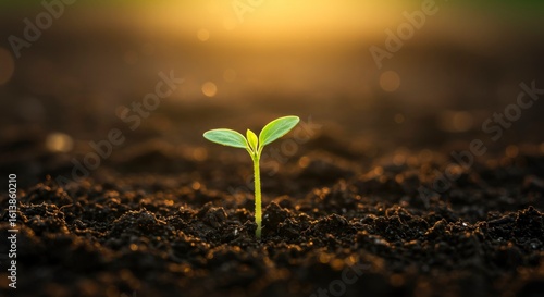 Young sprout pushing through the soil, illuminated by golden sunlight. New life, growth, nature