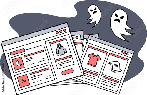 Spooky shopping e commerce websites haunted by ghostly figures suggesting online shopping nightmares or a phantom digital presence