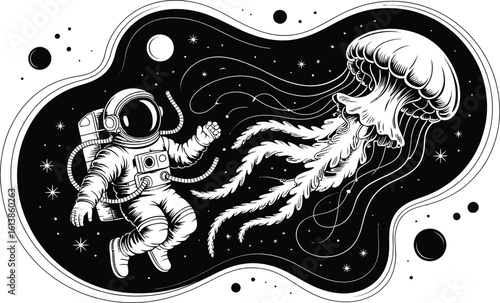 Astronaut floating with a jellyfish in space cosmos