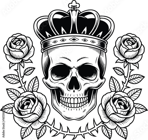 Skull wearing a crown with roses and thorns death