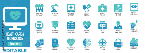 Modern healthcare technology vector icons for apps, web, and UI