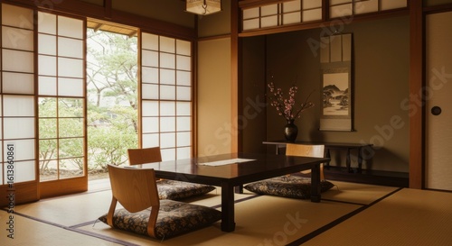 Traditional Japanese room with tatami mats, shoji screens, and a wooden table
