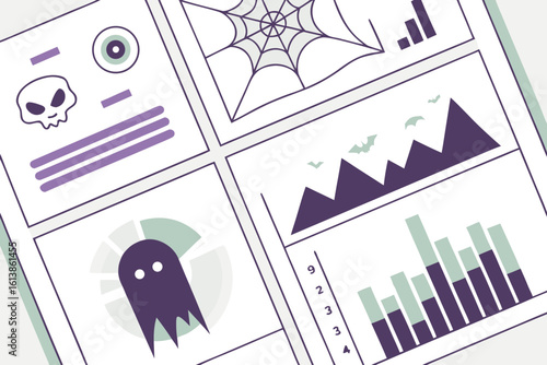 Spooky halloween themed data visualization charts featuring ghosts skulls spiderwebs and bats for a festive and informative presentation