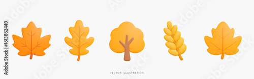 3D Autumn leaves icon set. Yellow and orange maple leaf, tree and gold wheat. Yellow  oat grain. Fall season. Elements for thanksgiving. Cartoon design icons isolated on white. 3D Vector illustration