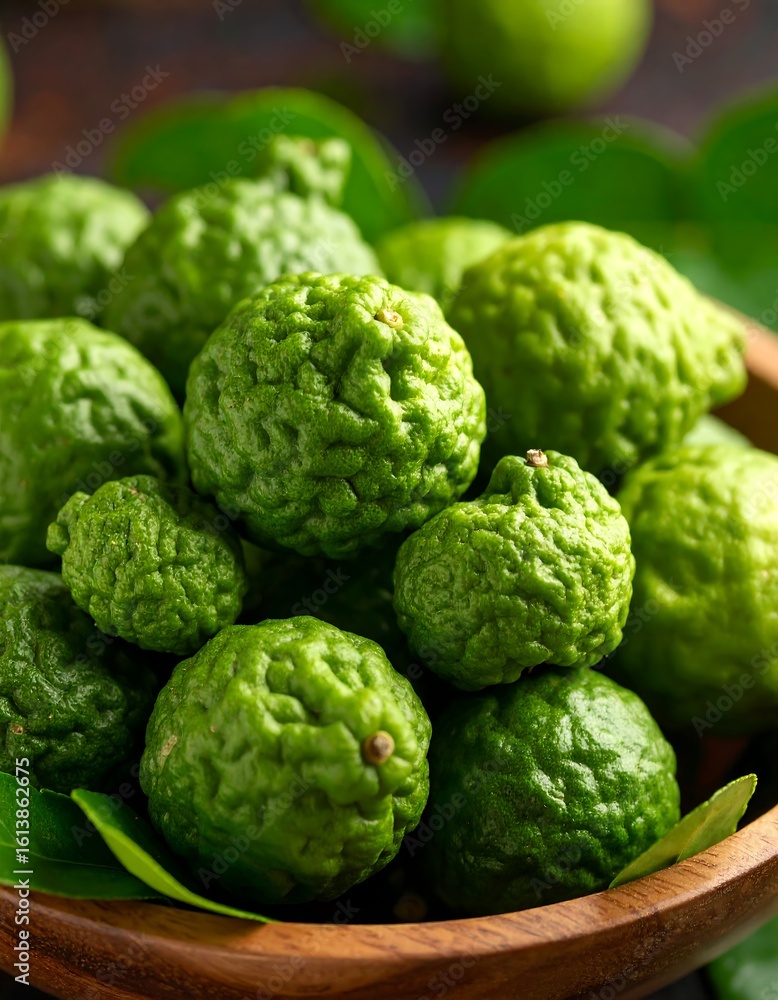 Fototapeta premium Fresh bergamot fruits in a wooden bowl