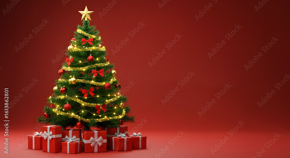 Naklejka premium Beautifully decorated Christmas tree with glowing lights and star on top stands surrounded by red gift boxes against rich red background, evoking festive and joyful atmosphere