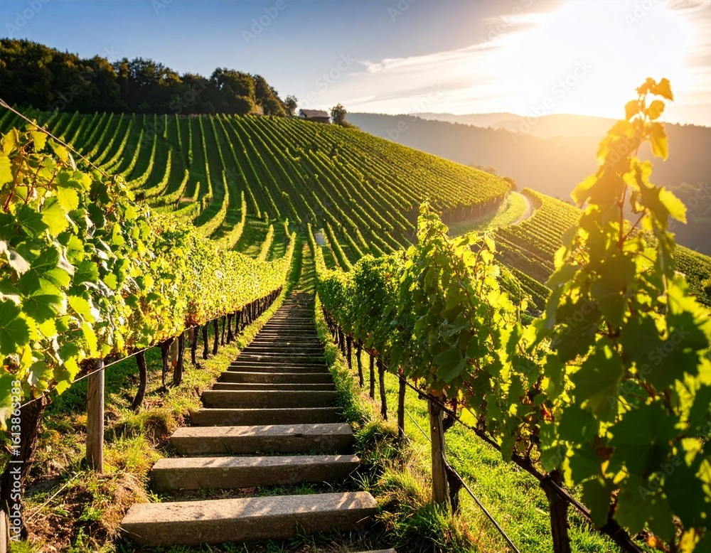 Obraz premium Stone steps Through Sunlit Vineyard Rows on a Hillside