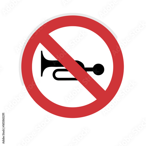No Honking traffic sign icon. A red circular prohibition symbol with a horn graphic indicating a quiet zone for noise reduction. Isolated on a white background for design.