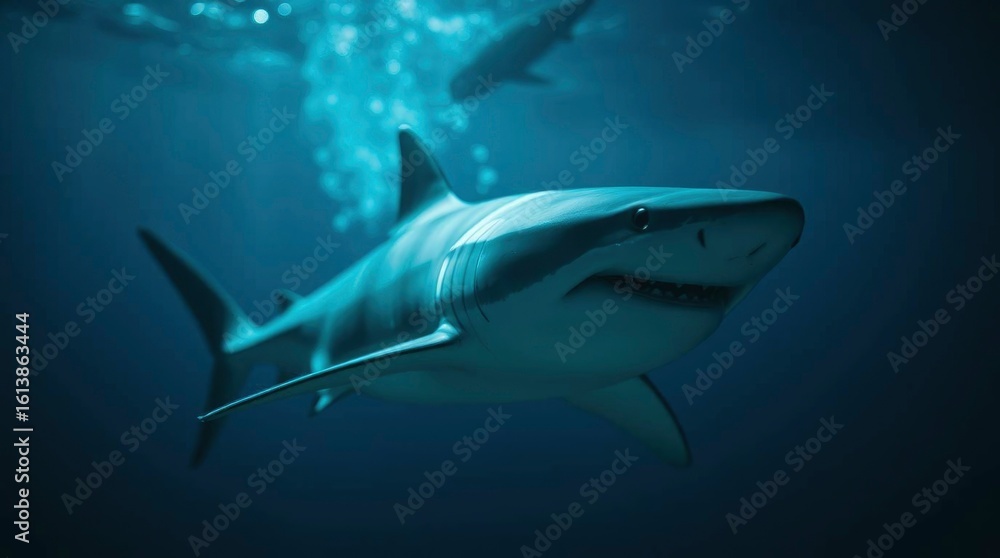 Fototapeta premium Two sharks swim in dark water one closer with visible teeth Bubbles float upwards