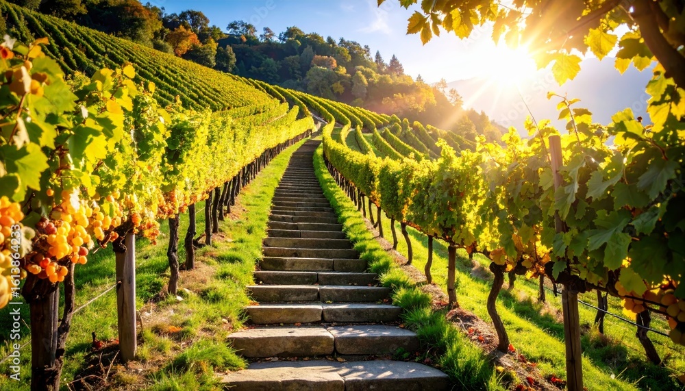 Obraz premium Stone steps Through Sunlit Vineyard Rows on a Hillside