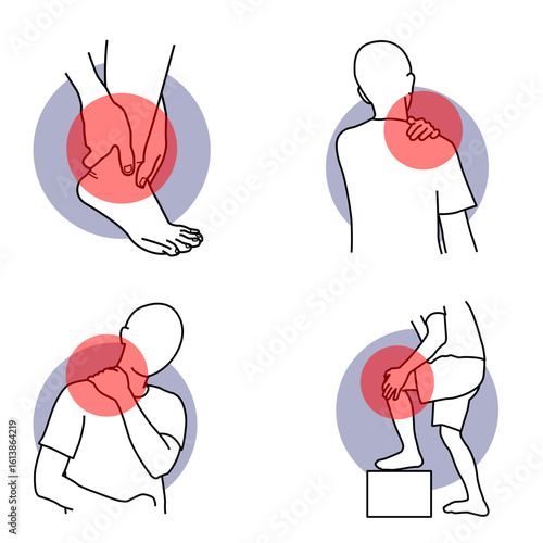 Set of medical vector illustrations depicting human body pain and injuries. Includes line art icons for ankle, shoulder, neck, and knee aches.