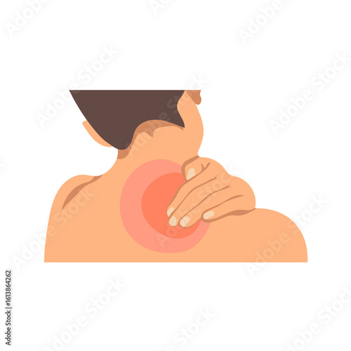 A person holds their upper back and shoulder, highlighting a red area of muscle pain and inflammation. This illustration depicts physical discomfort and injury.
