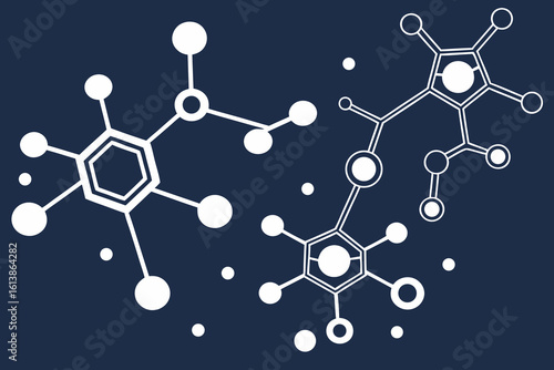White molecules and connected dots float on a dark blue background, illustrating complex scientific networks in macro detail, modern flat illustration style