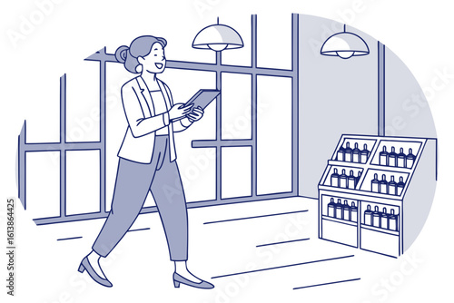 Smiling brunette businesswoman in a blue shirt sits confidently before a gray backdrop, ideal for professional branding, modern flat illustration style.