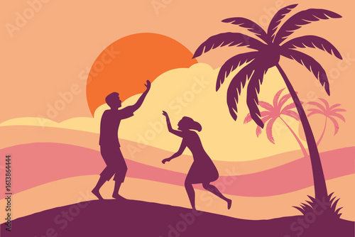 Silhouetted vacationers dance and play on the beach as the sun sets behind them, capturing carefree joy, modern flat illustration style.