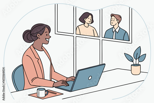 Smiling elderly woman sits in dental chair as a doctor in scrubs checks her teeth, capturing comfort and health during a senior dental checkup, modern flat illustration style