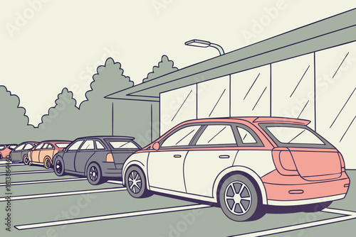 Rows of colorful cars parked side by side in a lot under gray skies, creating an orderly automotive scene, modern flat illustration style.