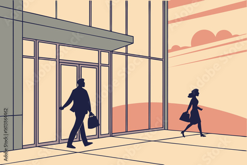 Silhouetted workers exit a modern office building at sunset, casting long shadows as they leave glass doors after a productive workday, modern flat illustration style