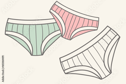 Soft pastel ribbed underwear in mint, pink, and beige shades lie flat on light background, showcasing comfort, style, and minimal design, modern flat illustration style