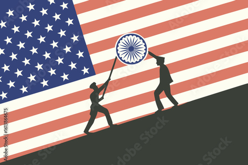 US and India flags rest on wood with a deep dark background, representing unity and diplomacy in an elegant setting, modern flat illustration style.
