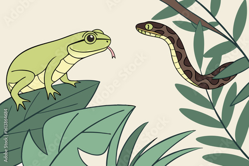 Tree frog perches on a leaf while a snake nearby extends its tongue in a tense wildlife interaction, captured in detail, modern flat illustration style