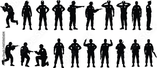Police officer silhouettes in uniform, tactical military team poses, armed law enforcement figures, standing and action positions, security personnel vector illustration, defense concept graphic