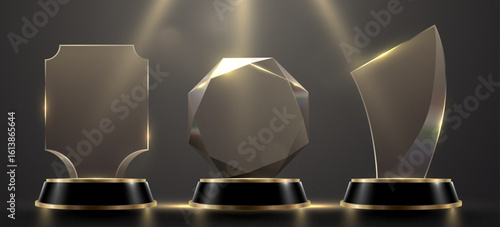 Set of glass award trophy. Transparent prize template. Winner first place concept. Vector illustration.