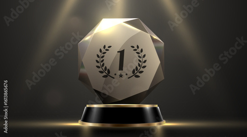Award podium with glass trophy with laurel wreath on dark background. Symbol of victory, achievement, success, rewarding of winner. Vector illustration
